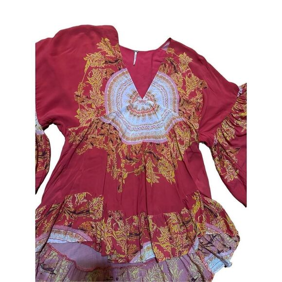 Free People Sunset Dreams printed flare sleeve blouse sz Small red - Picture 12 of 16